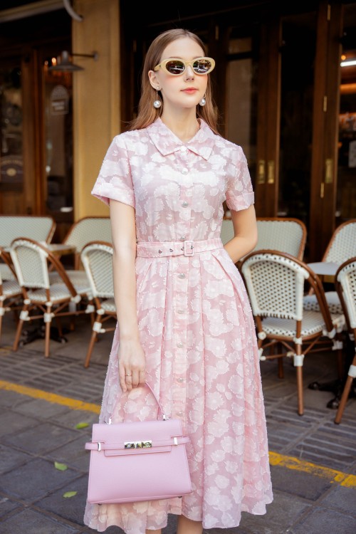 Sixdo Pink Foral Organza Midi Dress